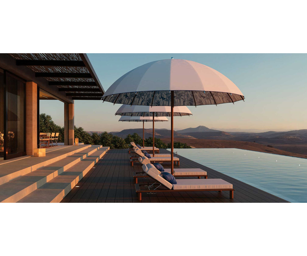 Modern outdoor Bolero parasol by Tuuci featuring curved ribs and titanium mast – Casa Design Group