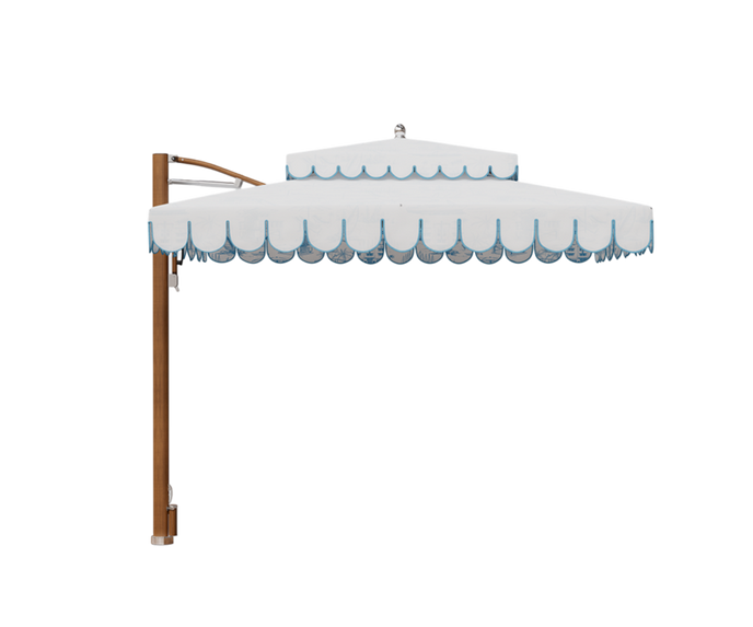 Ocean Master MAX Cupola Cantilever square umbrella by Tuuci with a two-tier canopy and cantilever frame.