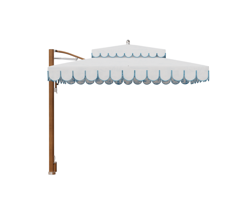 Ocean Master MAX Cupola Cantilever square umbrella by Tuuci with a two-tier canopy and cantilever frame.