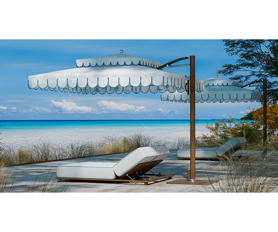 Ocean Master MAX Cupola Cantilever square umbrella by Tuuci with a two-tier canopy and cantilever frame.