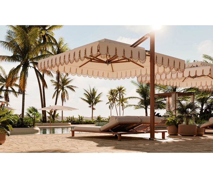 Ocean Master MAX Cupola Cantilever square umbrella by Tuuci with a two-tier canopy and cantilever frame.