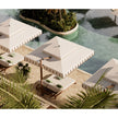 Ocean Master MAX Cupola Cantilever square umbrella by Tuuci with a two-tier canopy and cantilever frame.