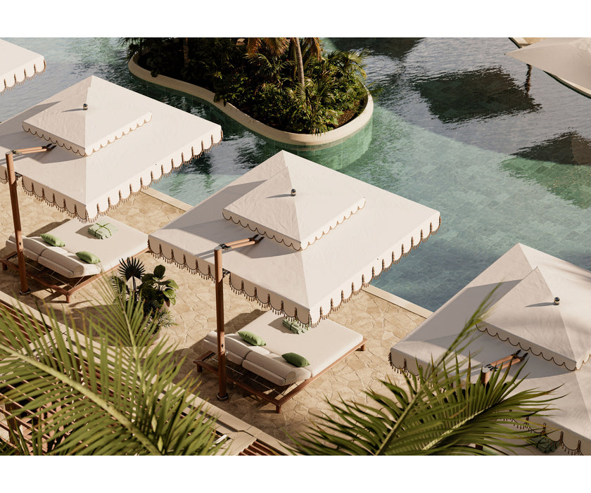 Ocean Master MAX Cupola Cantilever square umbrella by Tuuci with a two-tier canopy and cantilever frame.