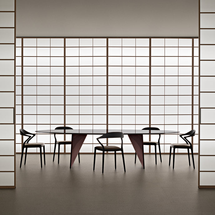 Ori Dining Chair with curved solid wood backrest, integrated armrests and woven cord or upholstered seat by Rimadesio | Casa Design Group