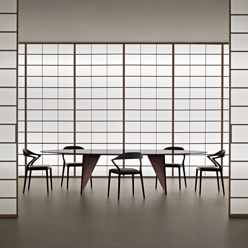 Ori Dining Chair with curved solid wood backrest, integrated armrests and woven cord or upholstered seat by Rimadesio | Casa Design Group