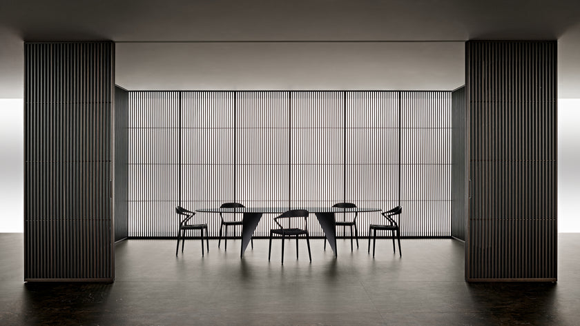 Ori Dining Chair with curved solid wood backrest, integrated armrests and woven cord or upholstered seat by Rimadesio | Casa Design Group
