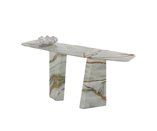 Paramount Console Table by Draenert in natural stone with sculptural monolithic base and organic tabletop design – Casa Design Group