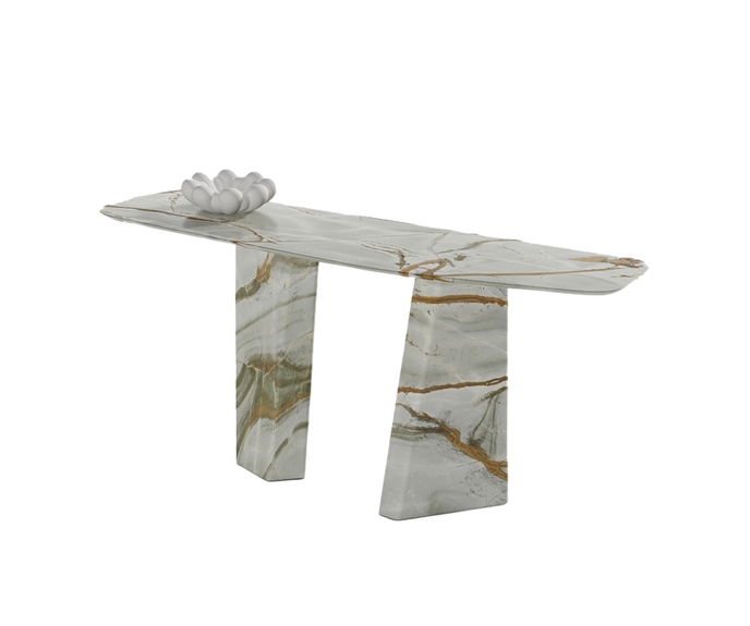 Paramount Console Table by Draenert in natural stone with sculptural monolithic base and organic tabletop design – Casa Design Group