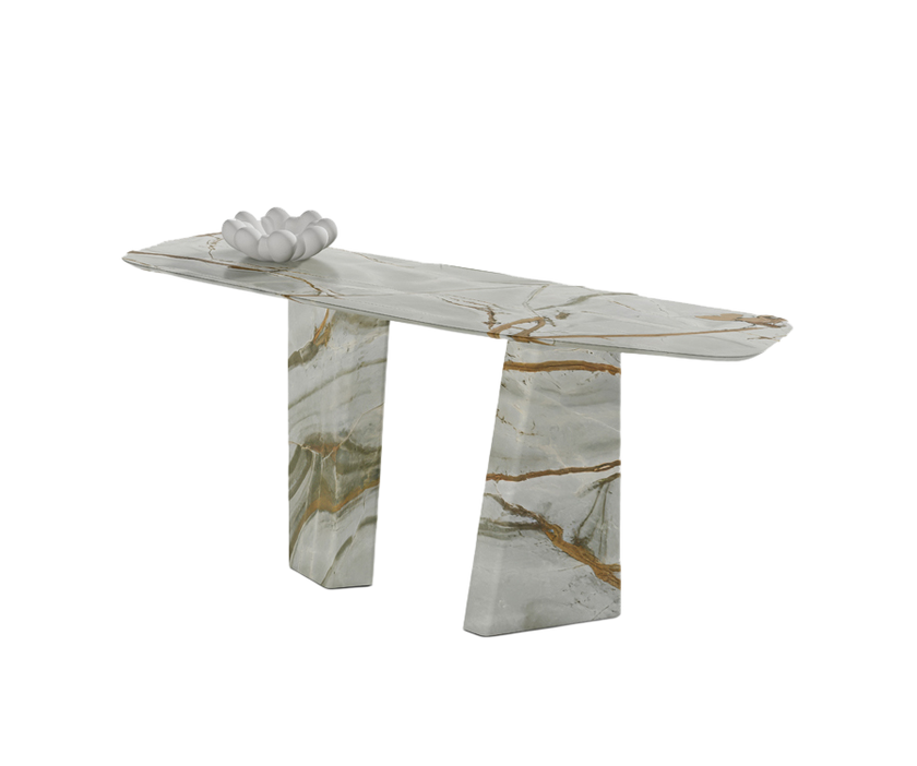 Paramount Console Table by Draenert in natural stone with sculptural monolithic base and organic tabletop design – Casa Design Group