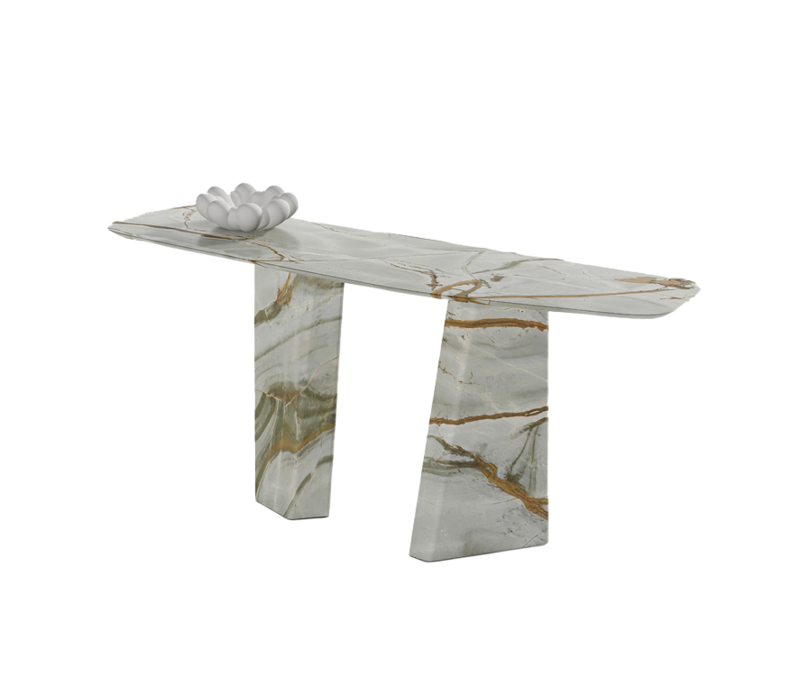 Paramount Console Table by Draenert in natural stone with sculptural monolithic base and organic tabletop design – Casa Design Group