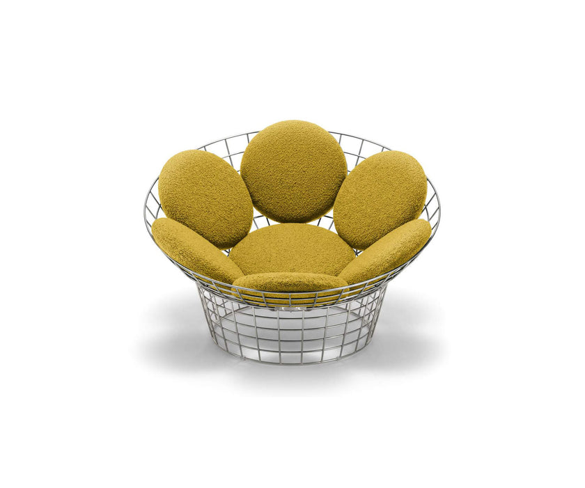 Peacock Lounge Chair by Cassina with a polished stainless steel mesh frame and seven upholstered cushions.