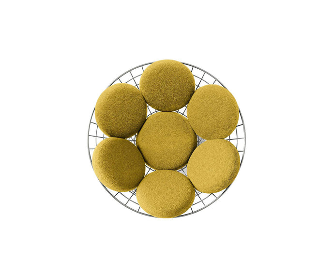 Peacock Lounge Chair by Cassina with a polished stainless steel mesh frame and seven upholstered cushions.