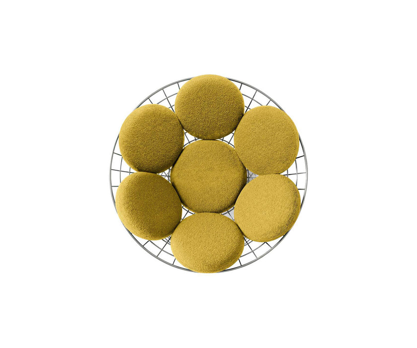 Peacock Lounge Chair by Cassina with a polished stainless steel mesh frame and seven upholstered cushions.