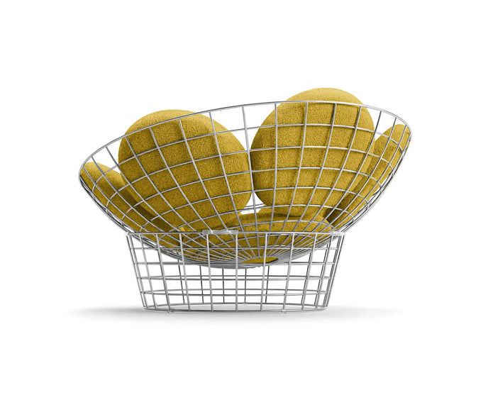 Peacock Lounge Chair by Cassina with a polished stainless steel mesh frame and seven upholstered cushions.