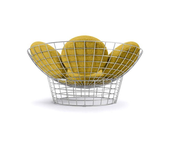 Peacock Lounge Chair by Cassina with a polished stainless steel mesh frame and seven upholstered cushions.