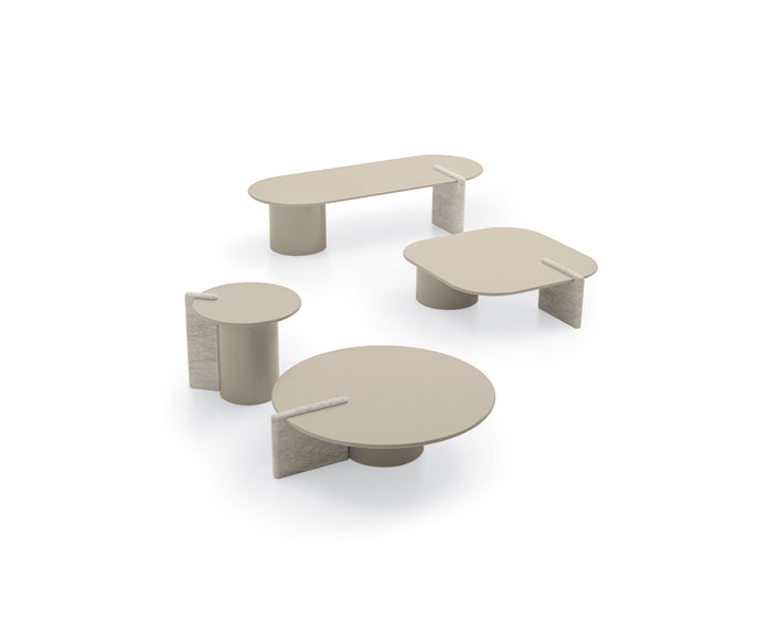 Petra coffee table by Ditre Italia with a sculptural Brutalist-inspired design and wood or marble insert.