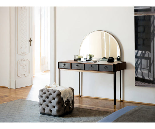 Eley luxury bedroom vanity by Porada with canaletta walnut structure, mirror, drawers and bronzoro metal base | Casa Design Group