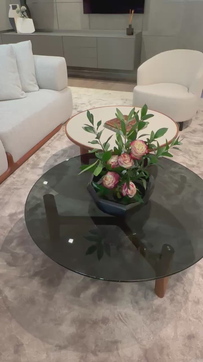 Tillow 110 floor sample coffee table by Porada with Canaletta walnut base and smoked glass top | Casa Design Group