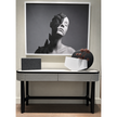 Rami floor sample console by Porada in Wengé-stained Canaletta walnut with leather details | Casa Design Group