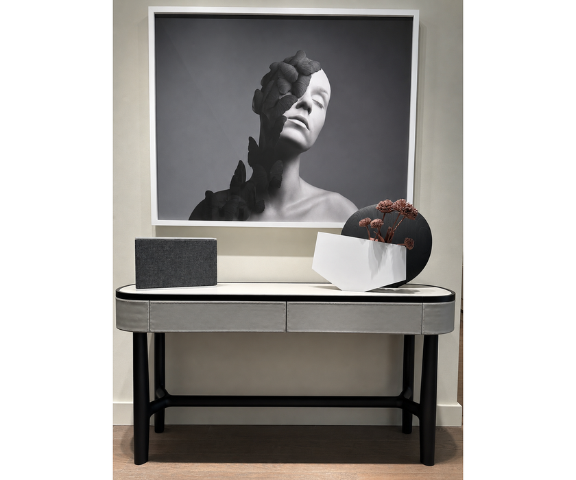Rami floor sample console by Porada in Wengé-stained Canaletta walnut with leather details | Casa Design Group