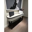 Rami floor sample console by Porada in Wengé-stained Canaletta walnut with leather details | Casa Design Group