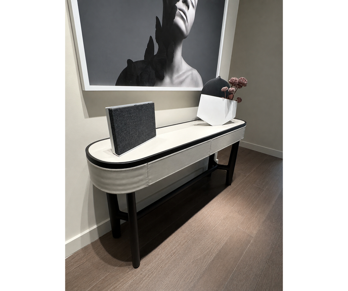 Rami floor sample console by Porada in Wengé-stained Canaletta walnut with leather details | Casa Design Group
