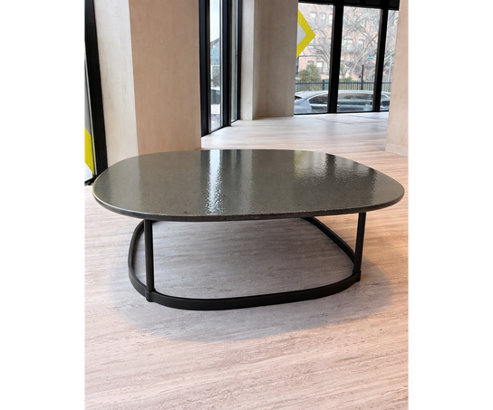 Regent Coffee Table RTQ09 by Molteni&C designed by Vincent Van Duysen with burnished metal base and lava stone top Casa Design Group