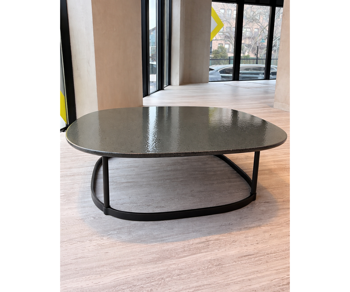 Regent Coffee Table RTQ09 by Molteni&C designed by Vincent Van Duysen with burnished metal base and lava stone top Casa Design Group