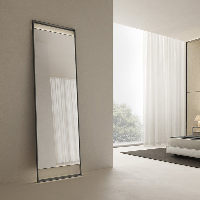 Rialto Mirrors with slender aluminum frames, rectangular reflective surfaces and optional integrated LED lighting by Rimadesio | Casa Design Group