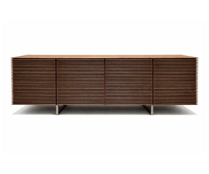 Riga Sideboard floor sample, Canaletta walnut structure, and satin chrome metal base – Casa Design Group