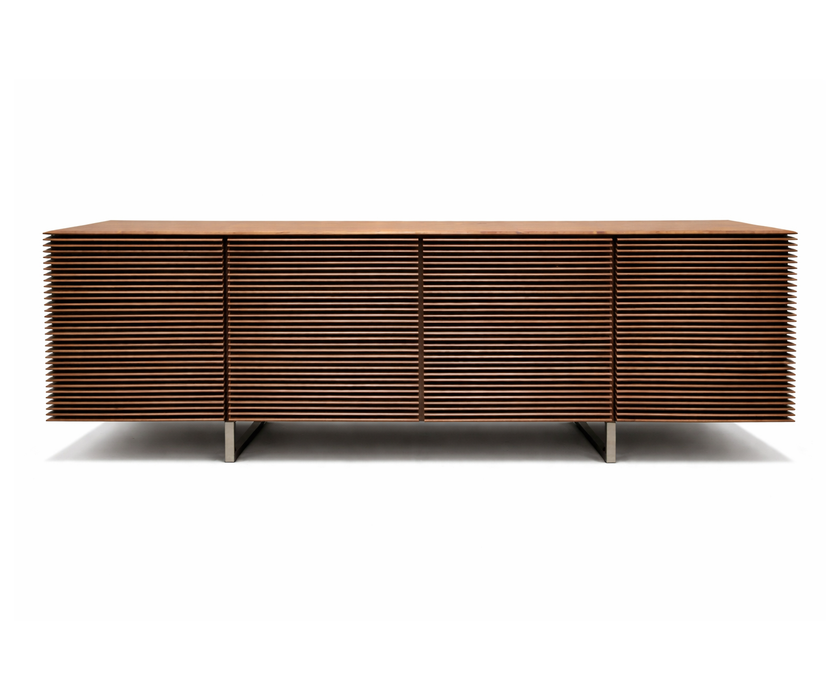 Riga Sideboard floor sample, Canaletta walnut structure, and satin chrome metal base – Casa Design Group