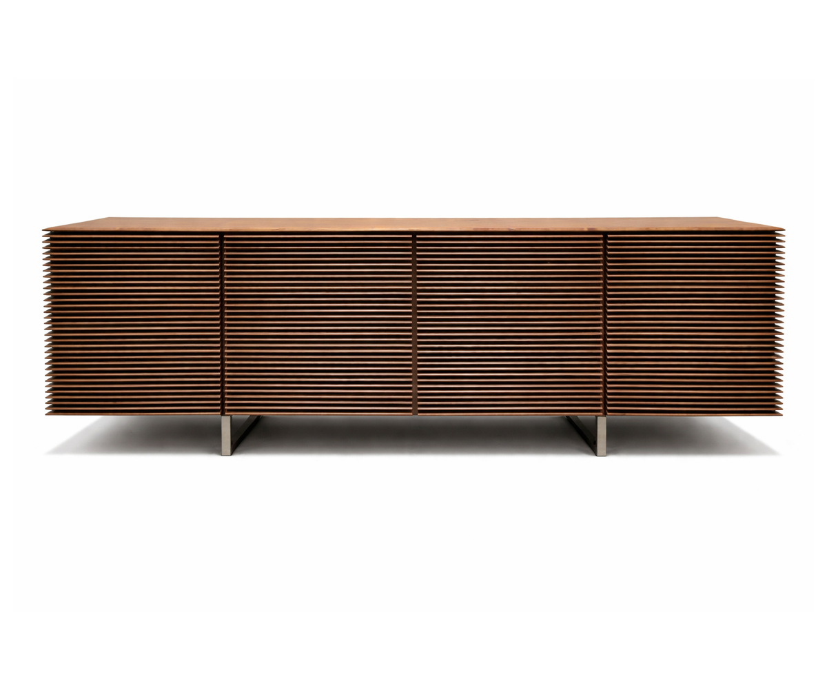 Riga Sideboard floor sample, Canaletta walnut structure, and satin chrome metal base – Casa Design Group