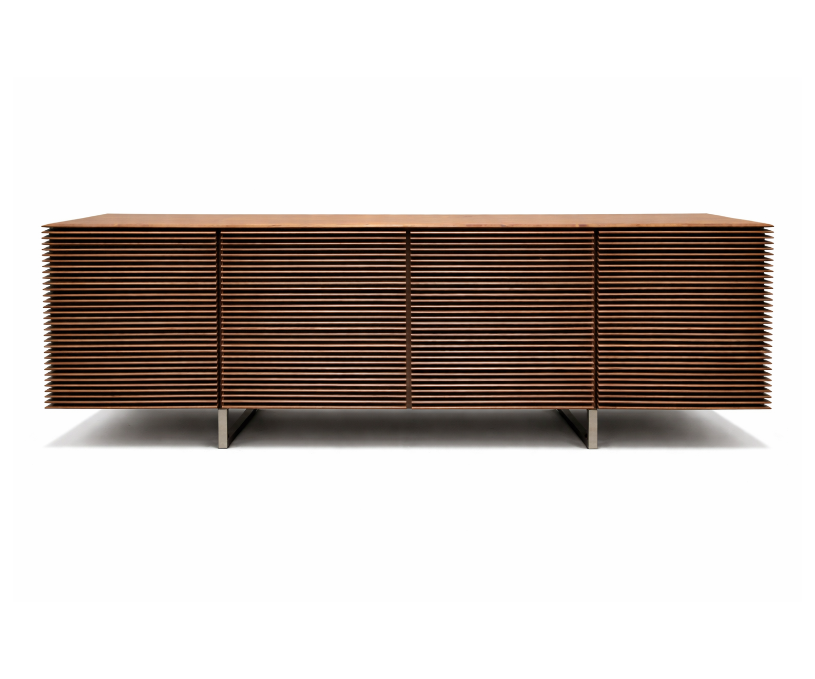 Riga Sideboard floor sample, Canaletta walnut structure, and satin chrome metal base – Casa Design Group