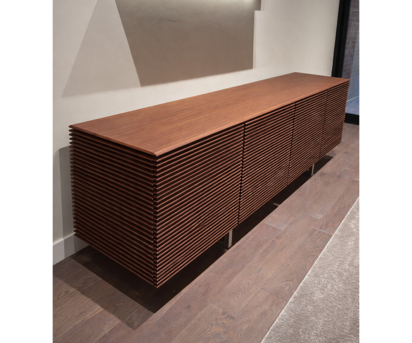 Riga Sideboard floor sample, Canaletta walnut structure, and satin chrome metal base – Casa Design Group