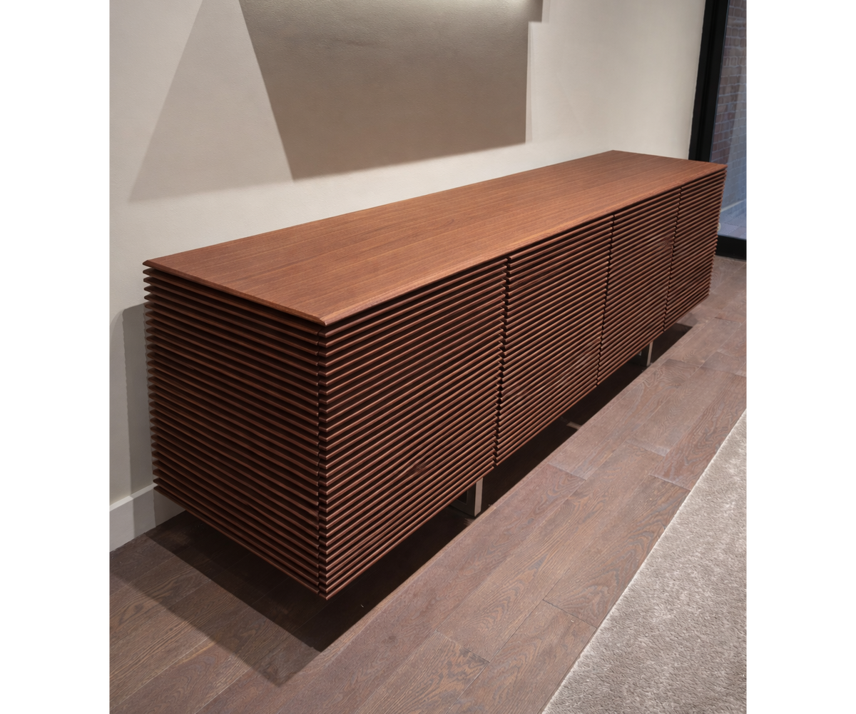 Riga Sideboard floor sample, Canaletta walnut structure, and satin chrome metal base – Casa Design Group