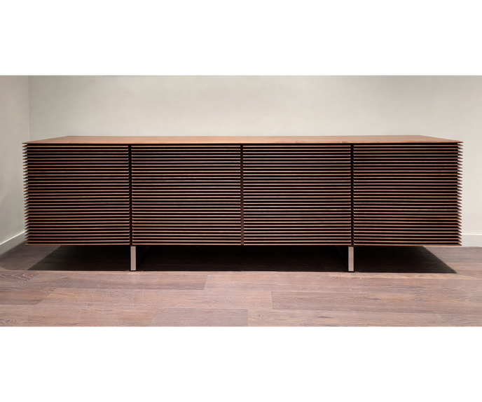 Riga Sideboard floor sample, Canaletta walnut structure, and satin chrome metal base – Casa Design Group