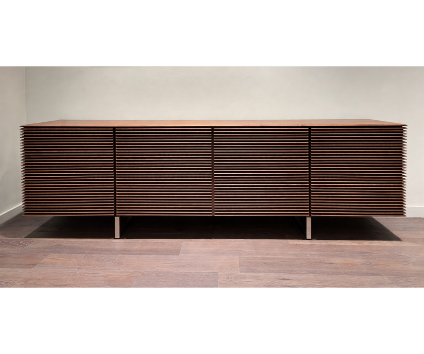 Riga Sideboard floor sample, Canaletta walnut structure, and satin chrome metal base – Casa Design Group