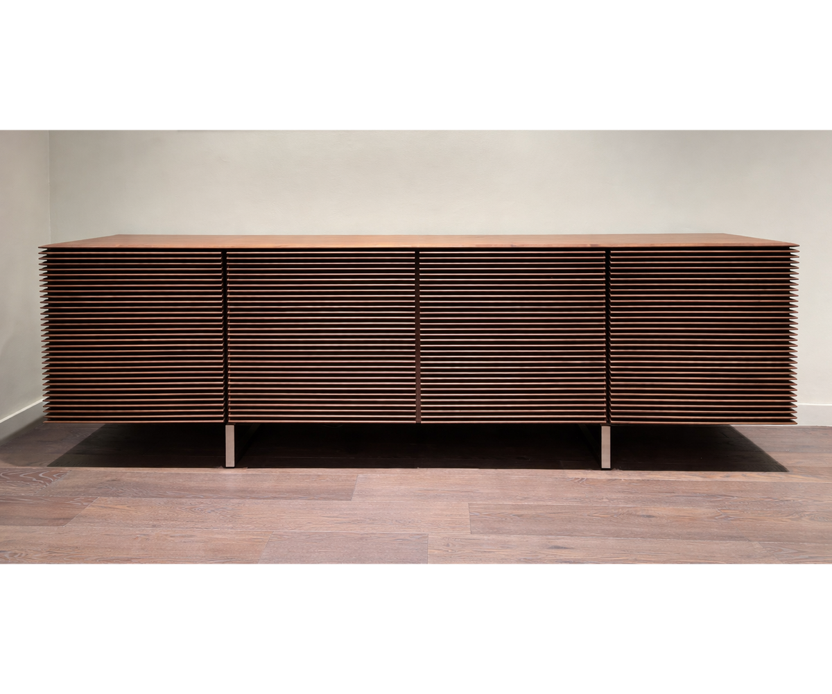 Riga Sideboard floor sample, Canaletta walnut structure, and satin chrome metal base – Casa Design Group