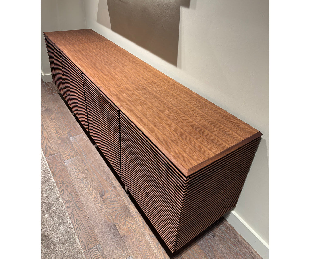 Riga Sideboard floor sample, Canaletta walnut structure, and satin chrome metal base – Casa Design Group