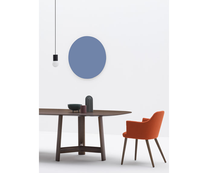 River 3355 table by Bross with solid wood base and oval top in wood glass or marble Casa Design Group