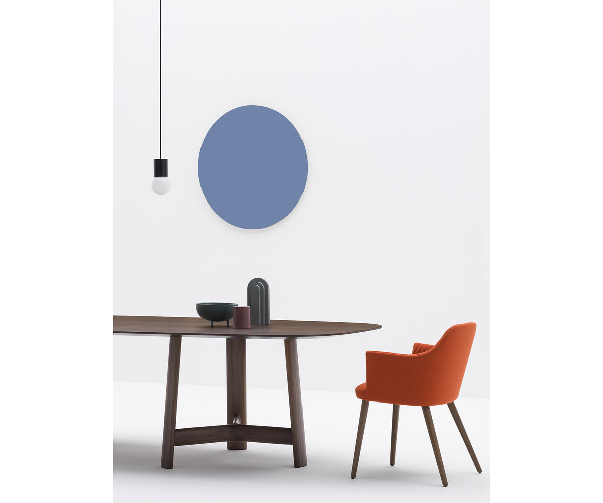 River 3355 table by Bross with solid wood base and oval top in wood glass or marble Casa Design Group