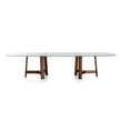 River 3355 table by Bross with solid wood base and oval top in wood glass or marble Casa Design Group