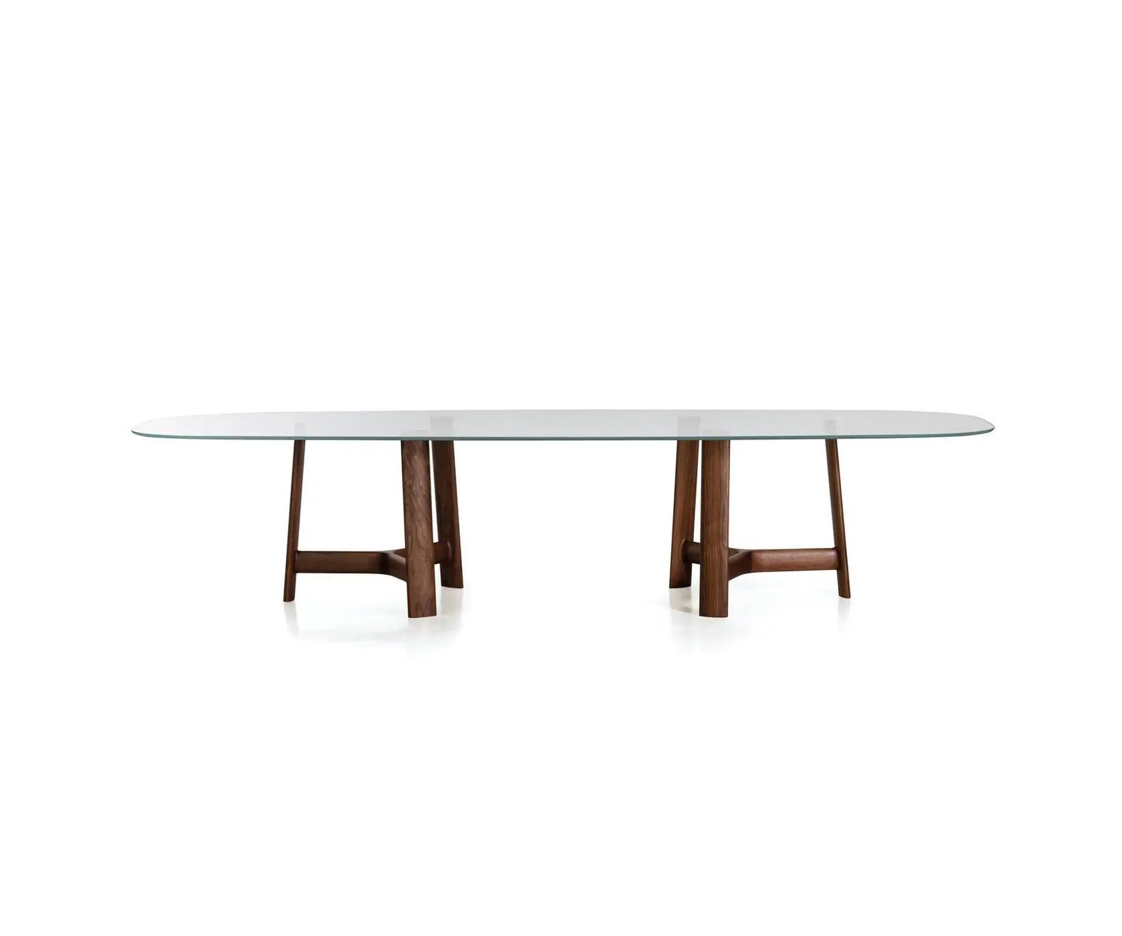 River 3355 table by Bross with solid wood base and oval top in wood glass or marble Casa Design Group