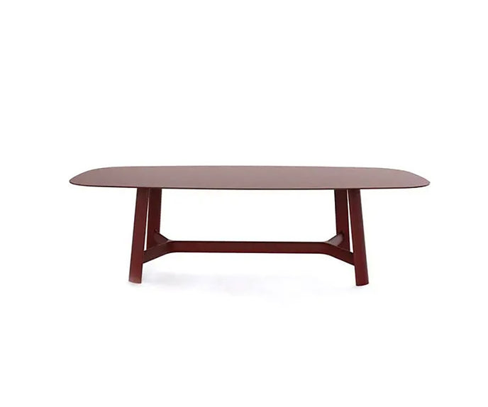 River 3358 table by Bross with solid wood base and oval top in wood glass or marble Casa Design Group