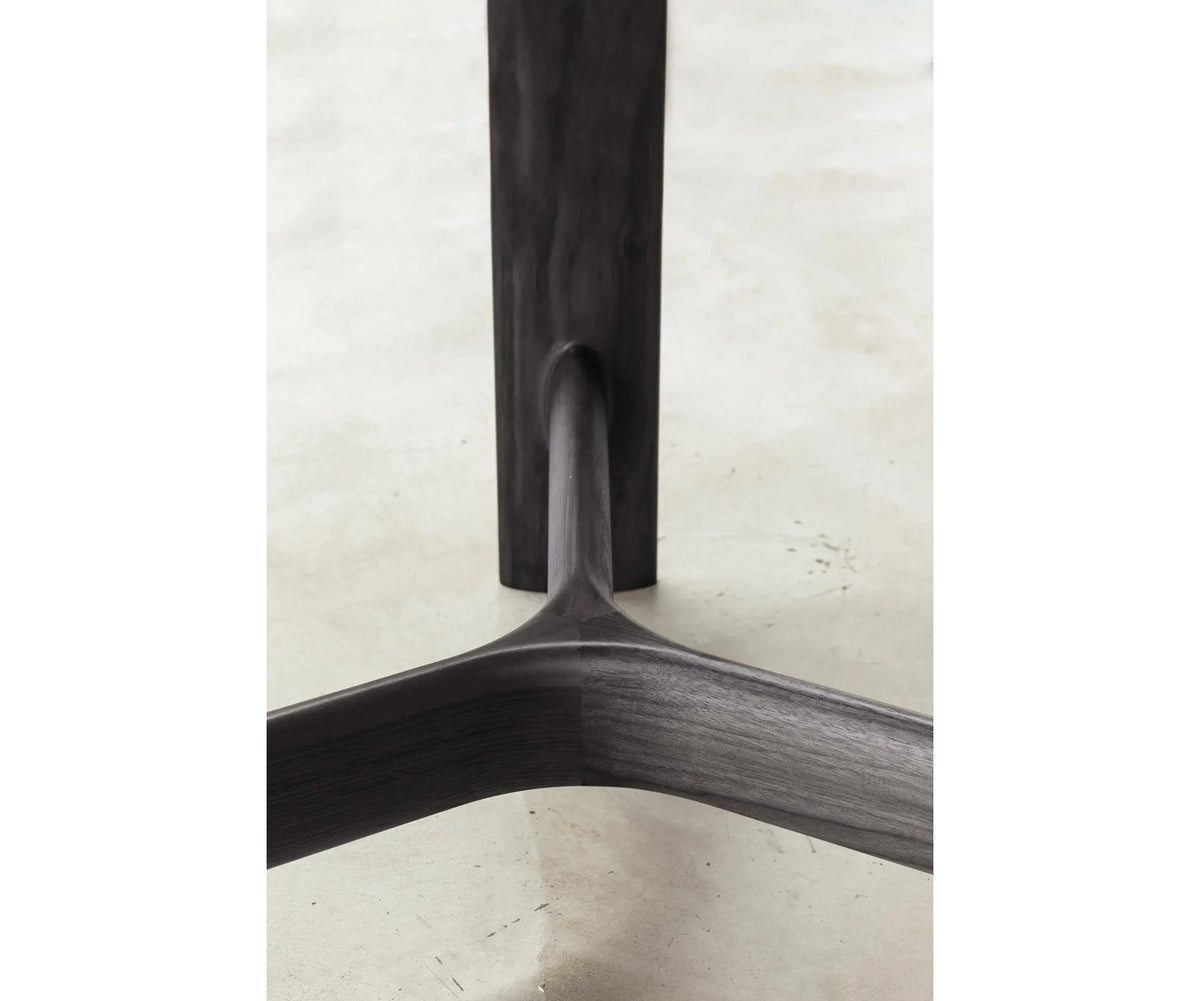 River 3358 table by Bross with solid wood base and oval top in wood glass or marble Casa Design Group