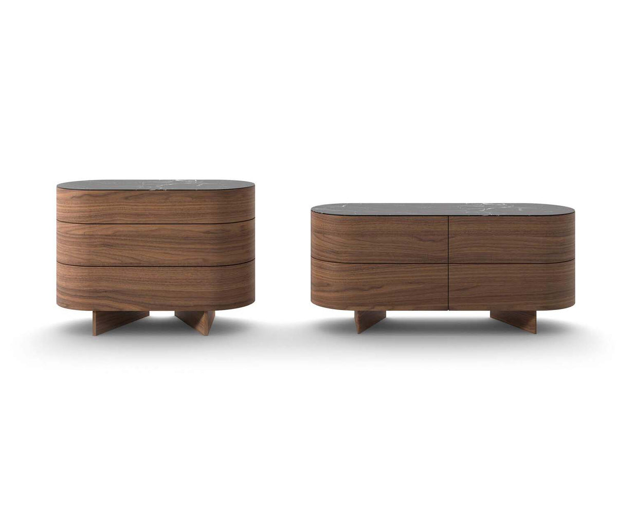 Rondos dresser by Cassina designed by Patricia Urquiola with rounded wooden structure and marble top Casa Design Group