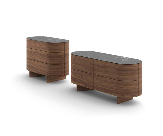Rondos dresser by Cassina designed by Patricia Urquiola with rounded wooden structure and marble top Casa Design Group