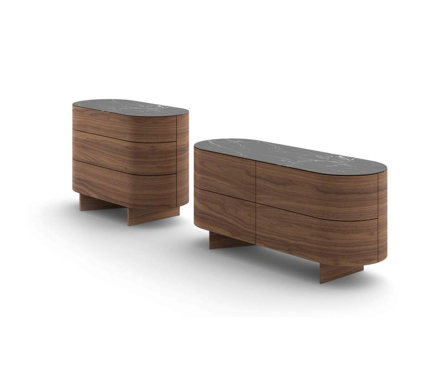 Rondos dresser by Cassina designed by Patricia Urquiola with rounded wooden structure and marble top Casa Design Group