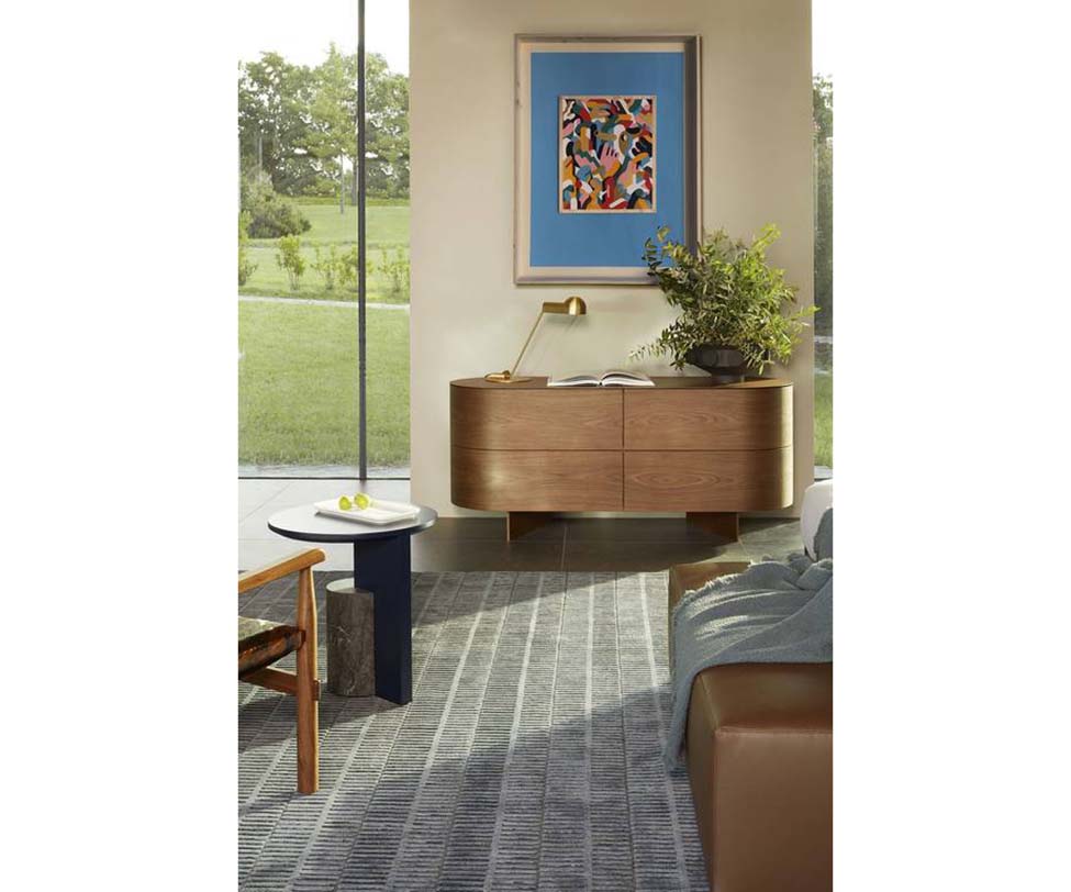 Rondos dresser by Cassina designed by Patricia Urquiola with rounded wooden structure and marble top Casa Design Group