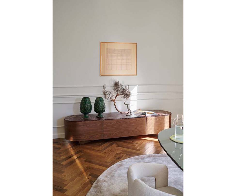 Rondos dresser by Cassina designed by Patricia Urquiola with rounded wooden structure and marble top Casa Design Group